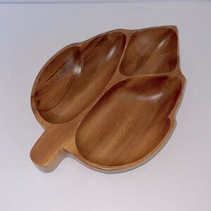 Vintage Monkey Pod 3 Divided Serving Bowl Dish Leaf Hand Carved Philippines Tiki